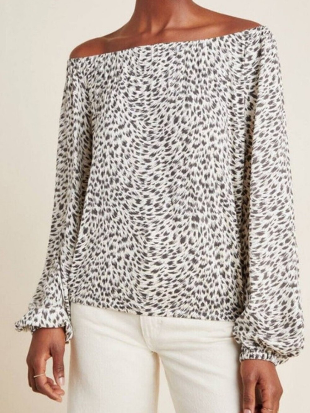 Anthropologie Women's Cascais Cream Leopard-Print Off The Shoulder Top Large